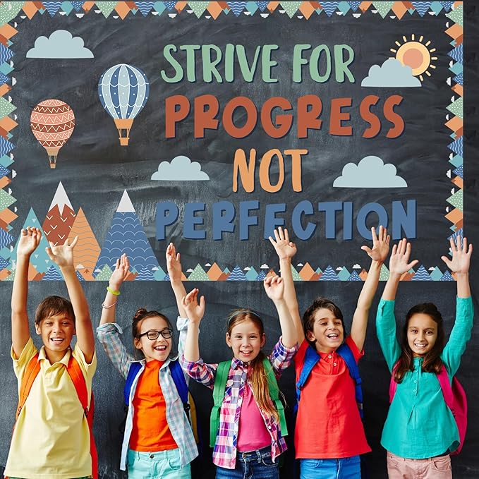 gisgfim Motivational Bulletin Board Decorations Strive for Progress Not Perfection Paper Cutouts Mountain Hot Air Balloon Bulletin Board Set for Back to School Classroom Chalkboard Wall Decor Supplies