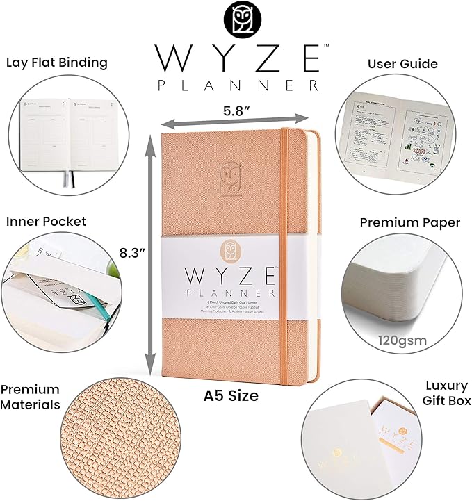 Wyze Planner Undated Daily Planner – 6-Month A5 Productivity Organizer with Full Page Per Day, Hourly Schedule, Goal Setting, Habit Tracker, Weekly & Monthly Pages – Hardcover Time Management Notebook (Rose Gold)