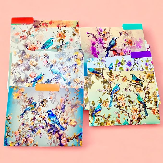 12pcs Decorative File Folders Letter Size, Bird Design Folders, Cute Office Folders with Floral Branches, 1/3 Cut Tab, Waterproof Archival File Folders Colored Decorative File folders