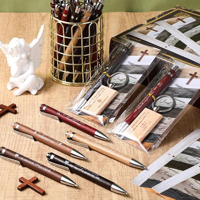 Spakon 120 Pcs Fathers Day Church Gifts Bulk, 40 Bible Verse Bamboo Pens 40 Church Keychains 40 Cross Bookmarks and Bags for Religious Sunday School Christian Party