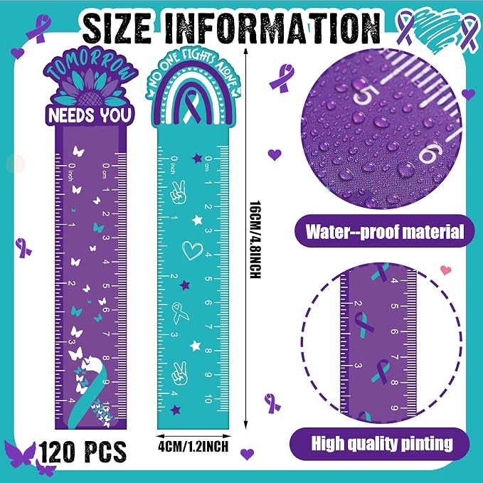 Kosiz 120 Pcs Suicide Prevention Awareness Bookmarks Ruler Bulk Gifts Teal Purple Ribbon Bookmarks Ruler Hope Butterfly Heart Inspirational Gifts for Women Men Suicide Prevention Supplies