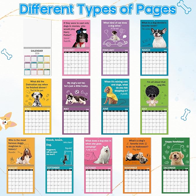 JAPBOR Funny Dog Joke Pun Calendar - 2PCS 2026 Dogs Themed Wall Calendar, 12 Months Hanging Planner with Thick Paper, Animals Weekly Monthly Home Office Organizer for New Year Christmas Gifts (11" x 11")