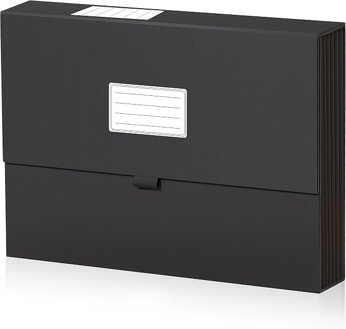 JiaWei Expanding File Folder with Pockets, Black Accordian Filing Folder with 7 Pockets Magnetic Closure A4 Letter Size Documents Folder Organizer with Labels.