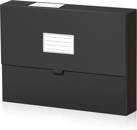 JiaWei Expanding File Folder with Pockets, Black Accordian Filing Folder with 7 Pockets Magnetic Closure A4 Letter Size Documents Folder Organizer with Labels.