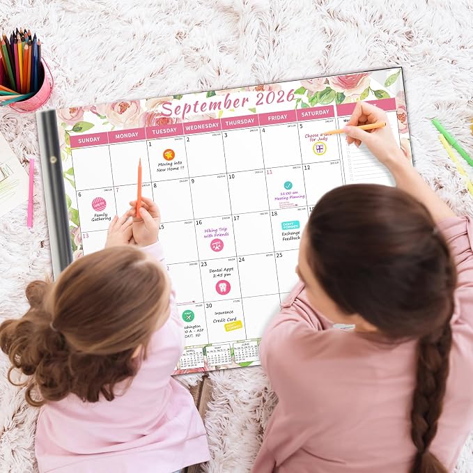 Ospelelf Calendar 2026-2027 Large Desk Calendar 2026 Monthly Desktop Calendar 22'' x 17'', 18 Month Family Office Calendar with Plastic Cover, Use July 2026 - Dec 2027, Watercolor Floral