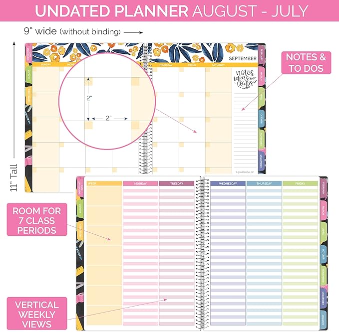 bloom daily planners Undated Academic Year Teacher Planner & Calendar - 7 Period Lesson Plan Organizer Book with Frosted Protective Cover (9" x 11") - Chalkboard