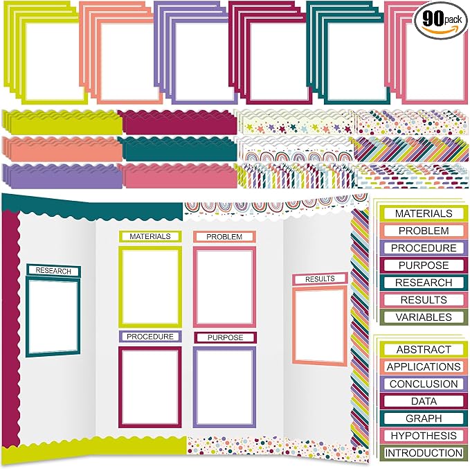 Fuyoooo 90 Pcs Science Fair Board Supplies 60 Trim Scalloped Bulletin Board Borders 24 Presentation Board Subtitles 6 Science Fair Titles for Classroom Display Boards(Classic)