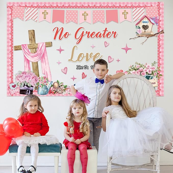 Valentine's Day Christian Bulletin Board Set Religious Bible Verse Classroom Decoration No Greater Love Heart Rose Cross Cutouts for Sunday School Church VBS Classroom Party Chalkboard Wall Decor