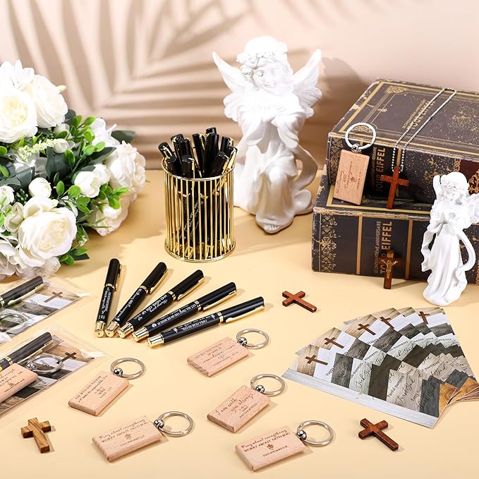Spakon 40 Sets Father Day Church Gifts Bulk Mens Christian Mini Bible Verse Wooden Keychains Scripture Religious Pens with Cross Prayer Bookmarks Faith Gifts for Women Dad Pastor Sunday School