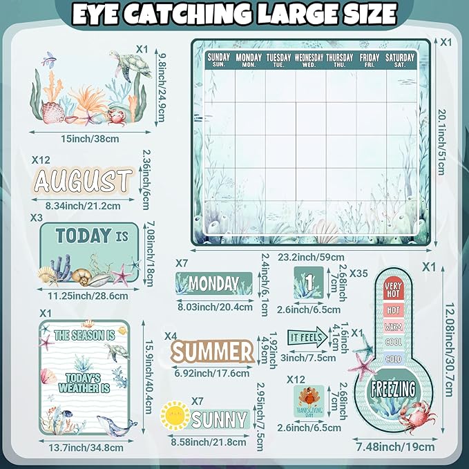 Cholemy 85 Pcs Calendar Bulletin Board Set Classroom Calendar Bulletin Board with Numbers Month Weather Classroom Decoration Wall Decor for Chalkboard Back to School Supplies (Watercolor Ocean)