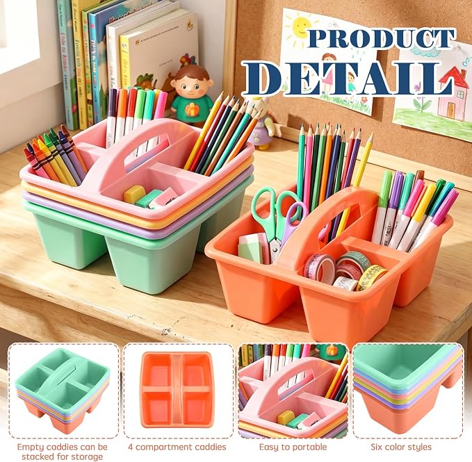 Lineshading 12 Pack Plastic Classroom Caddy - 4 Compartment Organizer Boho Color Table Caddy with Handles for School Home Office Supplies (Yellow,Green,Blue,Pink,Red,Orange)