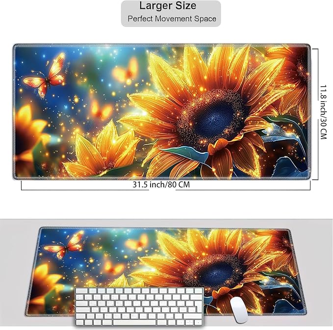 Mouse Pad Gaming Mousepad 31.5x11.8 Inch XXL Large + Coasters,Desk Mat with Stitched Edges, Non-Slip Rubber Base, Thick Mouse Pad for Computer, Laptop, Office & Home - Sunflower
