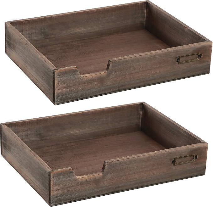 MyGift Set of 2 Vintage Distressed Finish Brown Wood Stackable Office Desktop Document Letter Paper Tray