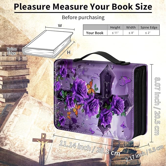 Bible Cover Case for Women,Large Leather Bible Case Fit Book Up to 11x8x2 Inch,Cross with Purple Rose Butterflies Bible Covers for Girls,Bible Study Carrier Church Bags w/Handle Zipper
