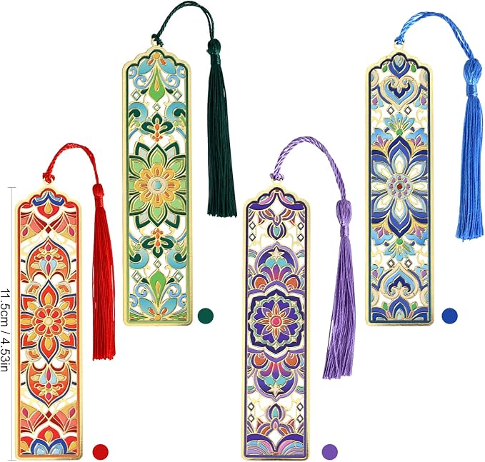 4 PCS Metal Bookmarks with Tassel, Golden Hollow Flower Bookmark Vintage Floral Mandala Theme Book Mark for Women Girls Book Lovers Writers Readers Teens Men