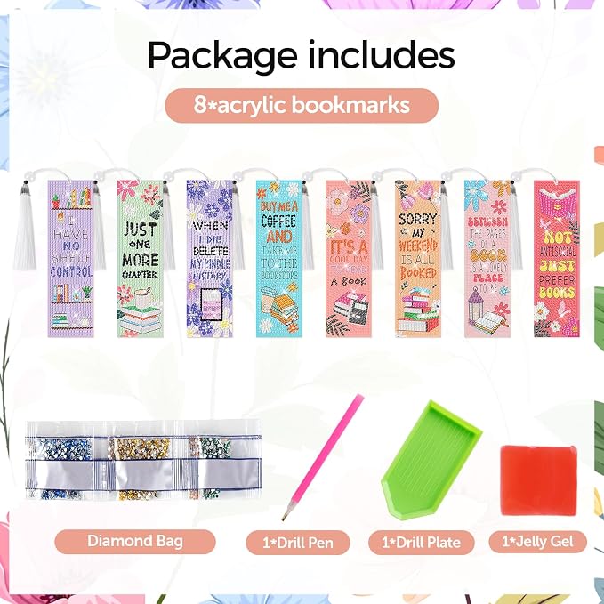 8 Pieces Christian Bible Verse Diamond Art Bookmarks 5d Christian Beaded Bookmark Acrylic Tassel Bookmark for DIY Making Beginners Adults Arts Craft Supplies (Book Lovers)