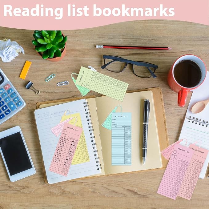 50 Pcs 5 Color Reading List Bookmarks with 10 Bookmark Tassels 3x8 Inch Bulk Reading Log Book Tracker Bookmarks for Book Lovers, Students, Teachers (Pastel)