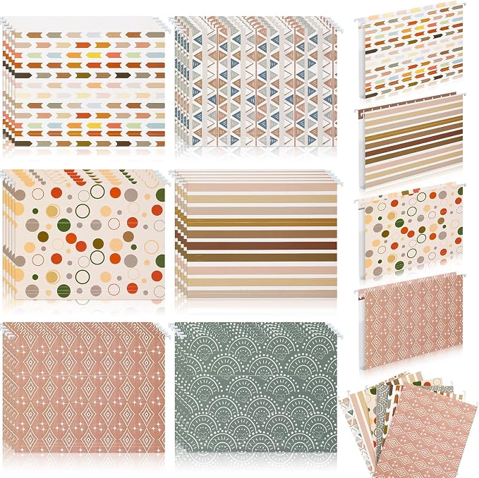 Qeeenar 30 Pcs Boho Hanging File Folders 9.5 x 11.5 in Decorative Cute Hanging Letter Size File Folder with Adjustable Tabs Back to School Gift for Office Home Supplies, 6 Designs(Vintage)