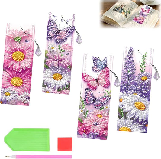 4pcs Lavender Diamond Painting Bookmark, 5D DIY Diamond Art Bookmarks with Butterfly Flower Design Beaded Rhinestone Diamond Art Kits for Adult Crafts Reading Women Beginner Birthday Gift