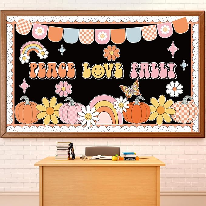 Groovy Thanksgiving Pumpkin Bulletin Board Set Thanksgiving Classroom Bulletin Board Decorations Groovy Peace Love Paper Cutouts Fall Pumpkin Classroom Boarders for School Chalkboard Wall Decor