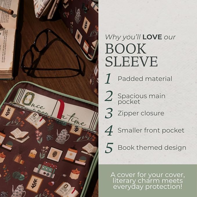 Steel Mill & Co Book Sleeve, Padded Zipper Book Protector for Hardcover & Paperback, 11" x 8" Book Pouch with Front Pocket for Pens, Bookmarks & Supplies (Book Nook- Once Upon A Time)