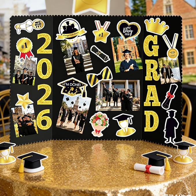 Graduation Photo Display Board - 4 Set Trifold Poster Board for Graduation Party, Colorful Folding Picture Presentation Frame for Multiple Pictures Table Decor (24x16 Inches)