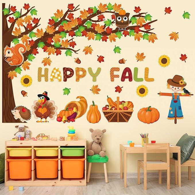 Fall Tree Bulletin Board Decorations for Classroom,Fall Autumn Thanksgiving Classroom Decorations with Big Tree Pumpkin Maple Leaf Turkey Scarecrow Cutout for School Home Chalkboard Wall Decor 136PCS