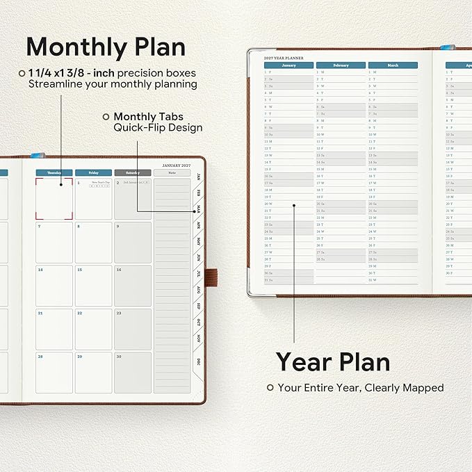 Planner 2026-2027 Weekly & Monthly Planner, 18 Month Academic Calendar July 2026 – Dec 2027, Horizontal Layout with Monthly Tabs, Hardcover Business Agenda Organizer, Brown