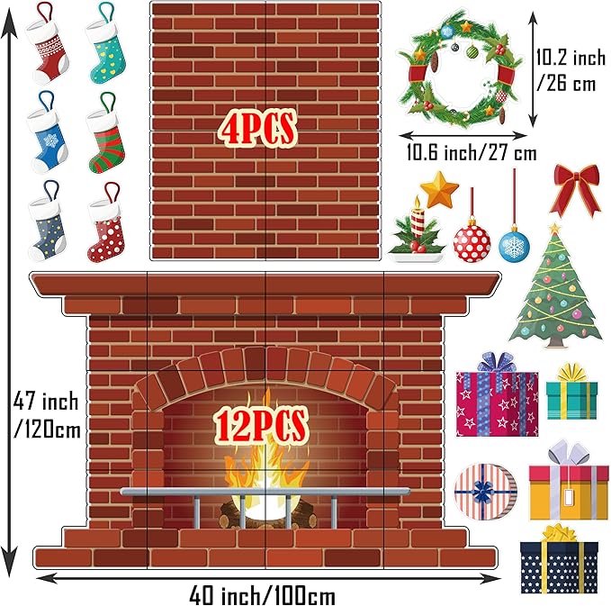 4Ft Christmas Fireplace Bulletin Board Set Christmas Bulletin Board Decoration Christmas Gifts Fireplace Wreath Stockings Cutouts for Classroom Home Chalkboard Wall Decoration, 52Pcs
