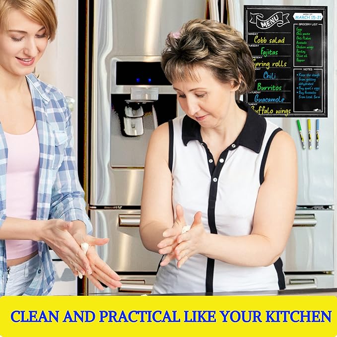 Magnetic Menu Board for Kitchen - 16x12” Black Chalkboard Calendar - Dry Erase Weekly Meal Planner for Fridge & Grocery List - With Vibrant Neon Chalk Markers - Easy to Use and Wipe Clean Magnet Board