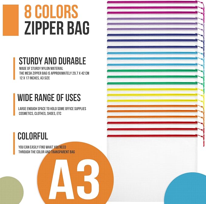 YOPCDJ 24pcs Mesh Zipper Pouch File Bags Puzzle Storage Bags, A3 17x12 Inches Large Reusable Zipper Pouches for Organizing Classroom Board Game Organization