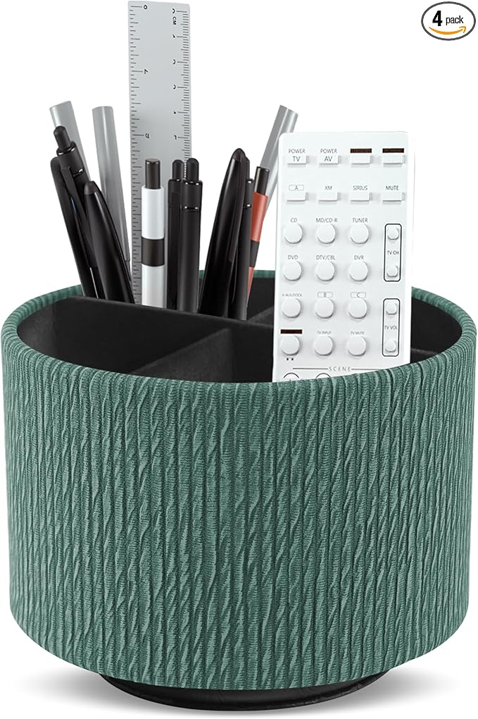 Round Leather Art Supply Organizer,Remote Control Holder,360 Degree Spinning,Multi-Functional Pencil Holder,4 Compartments Desktop Stationary Organizer(1-Wood Green)