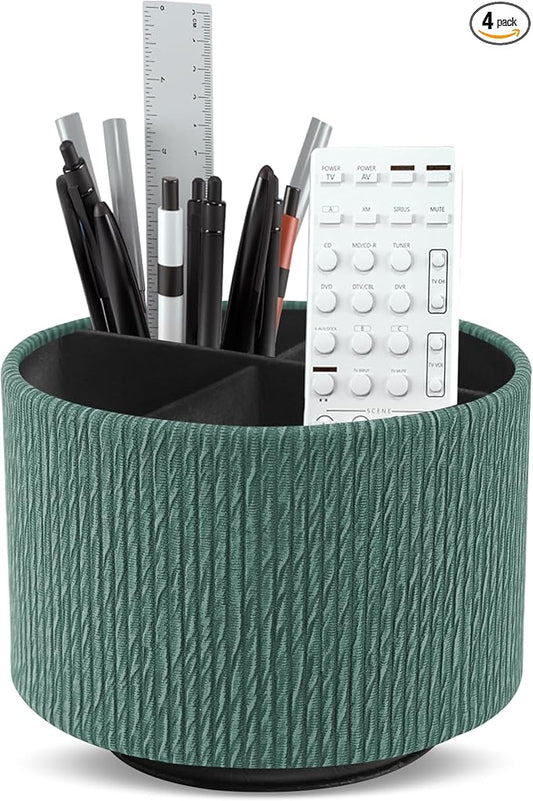 Round Leather Art Supply Organizer,Remote Control Holder,360 Degree Spinning,Multi-Functional Pencil Holder,4 Compartments Desktop Stationary Organizer(1-Wood Green)