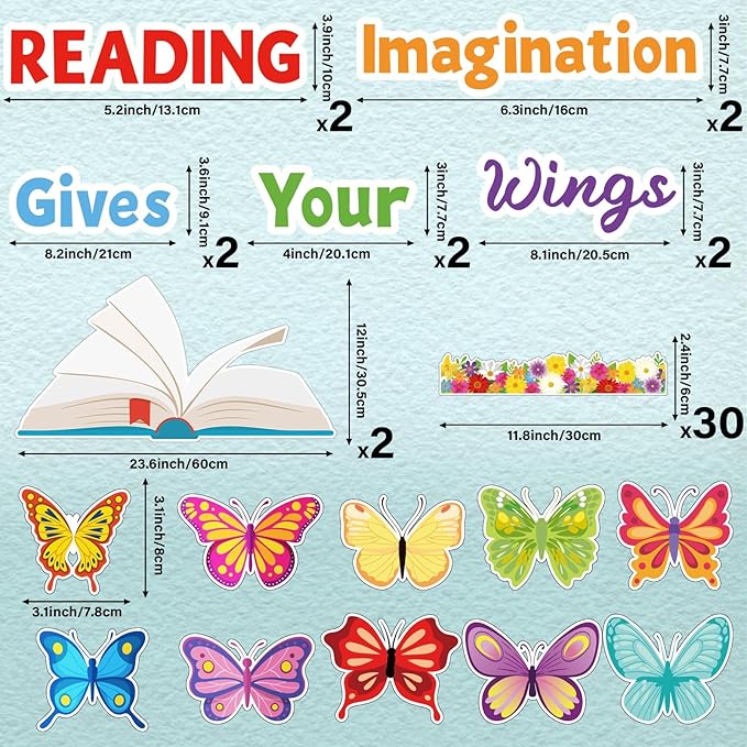 Qyeahkj Spring Reading Bulletin Board Set Classroom Decorations Reading Gives Your Imagination Wings Bulletin Board Butterfly Flower Paper Cutouts for Classroom School Read Wall Decor Supplies