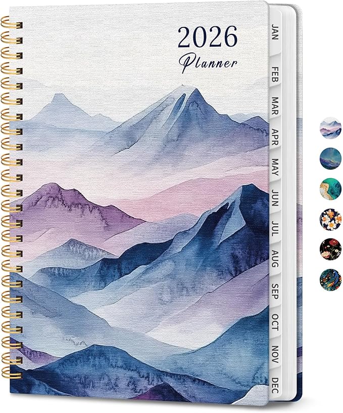 2026 Planner, Weekly and Monthly Calendar Planner for Women, Jan 2026 - Dec 2026, Hardcover Planning Agenda book with Tabs, Spiral Bound, Inner Pocket, Perfect for School Office Supplies, 6.3" x 8.5" - Distant Peaks