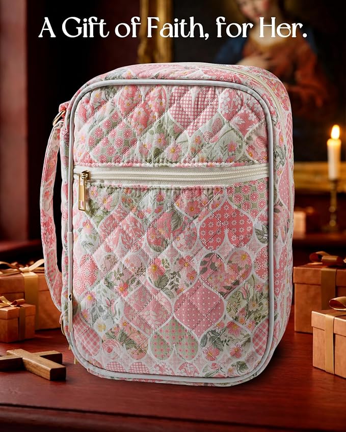 Miss Adola Bible Cover Case for Women - Quilted Bible Carrying Case Organizer Study Bag with Zipper Handle and Shoulder Strap Hearts Vintage Book Cover for Teen Girls