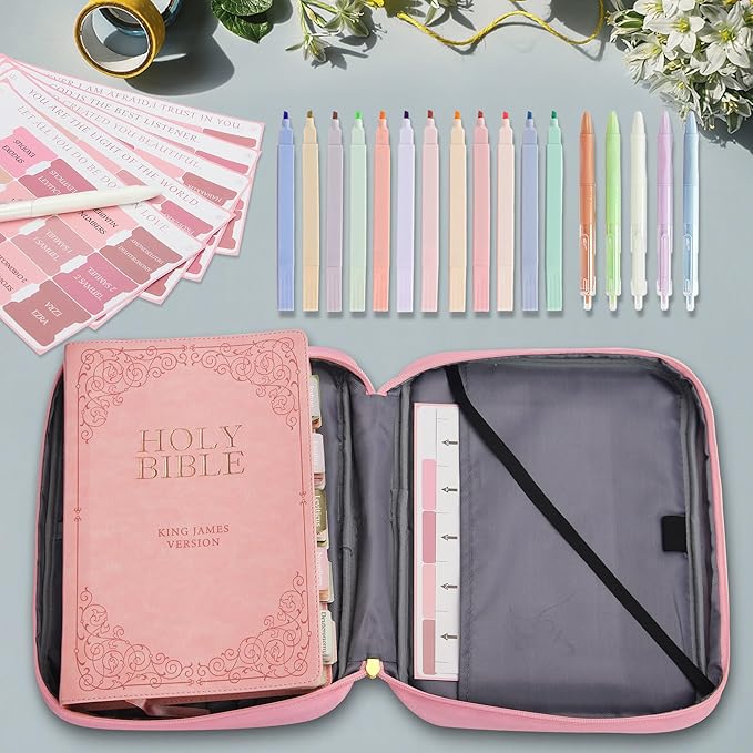 Bible Cover for Women, Bible Holder, Bible Study Supplies Accessories Bible Cover Carrier Carrying Organizer Bag, Zipper and Pockets for Standard Size Bible, Gift for Women（pinksuit）