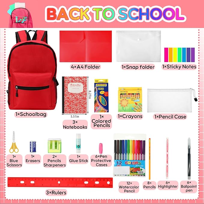 Gilprop 86 Pcs School Supplies Kit with Backpack Back to School Supplies Bag Set Elementary Essential Bundle Bulk for Student Classroom(Red)