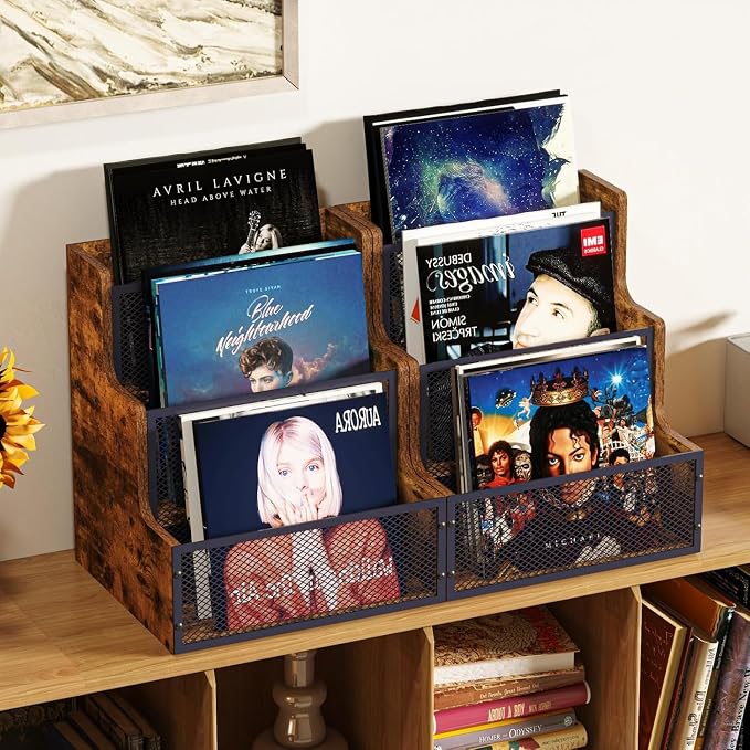 Yuzehuaza 2-Pack Vinyl Record Storage, Stepped 3 Tier LP Vinyl Record Crate, Vinyl Record Album Holder, Holds up to 120 Records, Desktop Metal & Wooden Record Box Case Crate