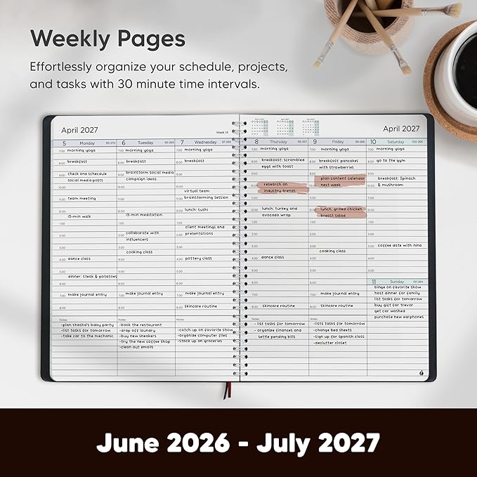 Academic Planner 2026-2027 - Hourly 2026-2027 Planner Weekly and Monthly - Appointment Book with Flexible Cover, Twin-Wire Binding - Simple Design for Productivity, June 2026 - July 2027. 8.5 x 11