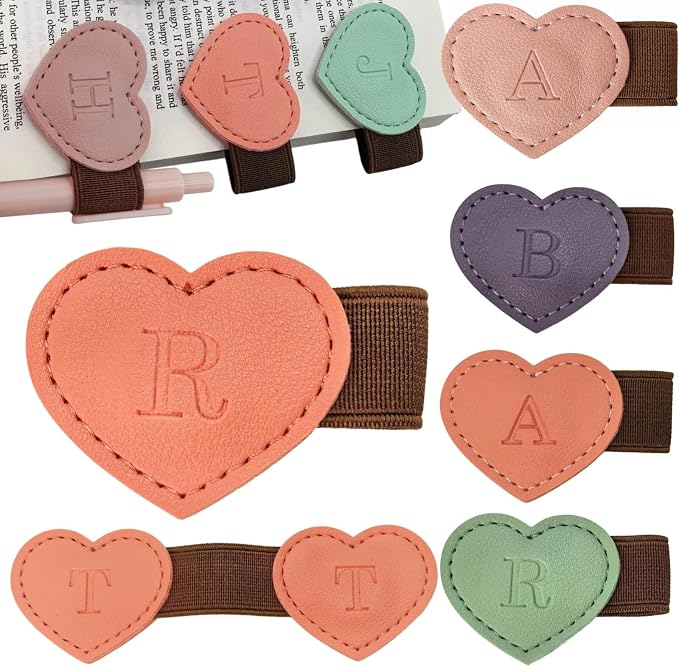 Personalized Magnetic Leather Heart Bookmark with Pen Holder - 26 Letters Custom Book Mark Notebook Pencil Loop with Initial Book Marker for Readers, Book Lovers- Gifts for Women Men(Black & Orange,R)