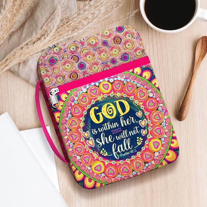 God Is Within Her Bible Cover for Women, Scripture Bible Case with Handle and Zipper Pocket, Canvas Bible Bag Fits Standard Size, Christian Gift for Girls, Church Use, Bible Study Organizer