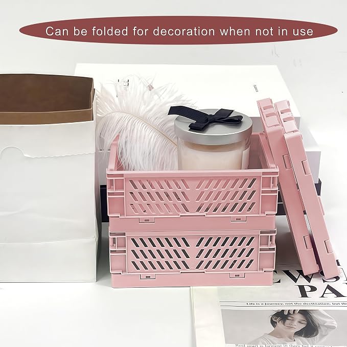 6 Pack Mini Foldable Small Plastic Baskets for Organizing and Storage，Collapsible Storage Crates,Mini Bins for Home Kitchen Bedroom Bathroom Office (Pink, Small 6x4x2.2)