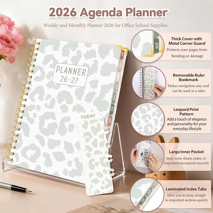 2026-2027 Academic Planner, Weekly & Monthly Appointment Book from Jul. 2026 - Jun. 2027, Work & Life Daily Hourly Planner with Time Slots,Agenda Organizer for School Office, Leopard Print, 8.4"x 6.1"