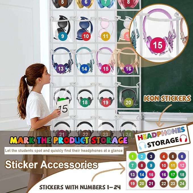 Enlarged Headphone Storage Classroom, 24 Large Pockets PVC Clear Headphone Holder for Classroom,with 3 Kinds of Mounting Accessories and Headphone Storage Stickers & Digital Stickers