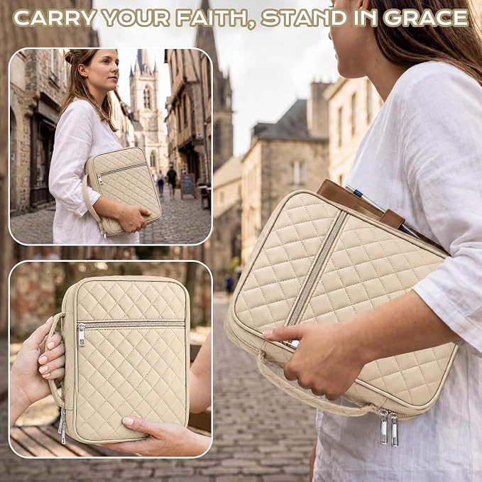 XKDOUS Quilted Bible Cover Case with Bible Study Accessories Kit, Waterproof Large Capacity Bible Bag for Women, Portable for Church Study, Multiple Morandi Color Options (Oat Beige)