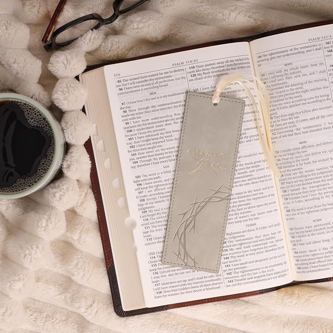 Christian Art Gifts Faux Leather Scripture Bookmark for Men & Women: Amazing Grace with Golden Encouraging Bible Verse, Debossed Crown of Thorns Design, Satin Ribbon Markers for Reading, Taupe & Gold
