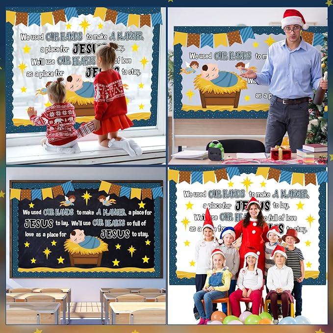 Christmas Baby Jesus Bulletin Board Set Christian Manger Classroom Decorations Religious Nativity Manger with Angels Cutouts for Holiday Church Sunday School Office Wall Display