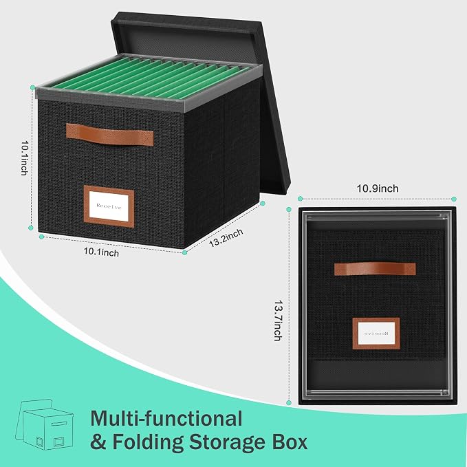 File Organizer Box with Lid File Box for Hanging Decorative File Organizer with One-Piece Integrated Plastic Slide Rail (Black, 13.2x10.1x10.1inch(3pack))