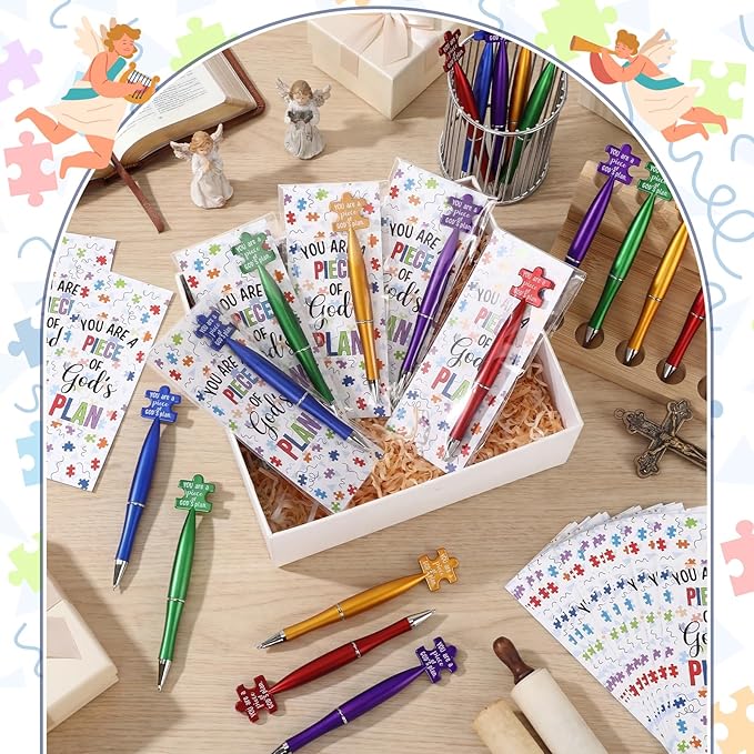 25 Sets Catholic Religious Gifts Puzzle Ballpoint Pens You Are a Piece of Gods Plan Bookmarks Mothers Day Gift for Christian Bible Study Group Sunday School Graduation Church Prayer Classroom Supplies